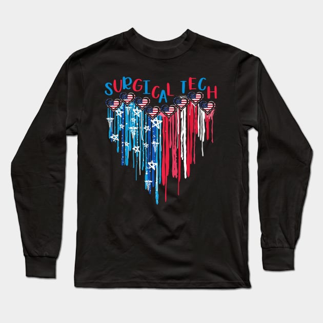 Surgical Tech American Flag Melting Heart 4th Of July Long Sleeve T-Shirt by Ripke Jesus